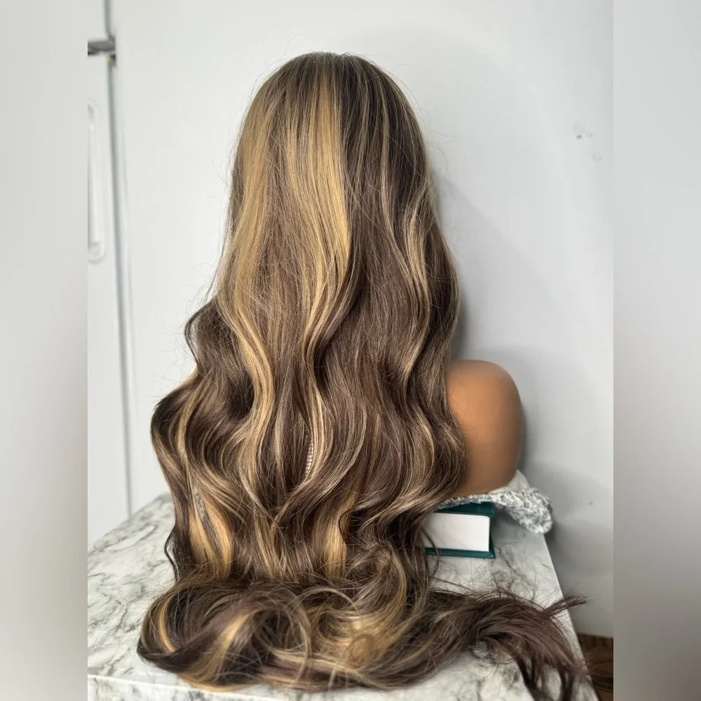 Long Layered Brunette Wig with Honey Blonde Highlights | Soft Waves